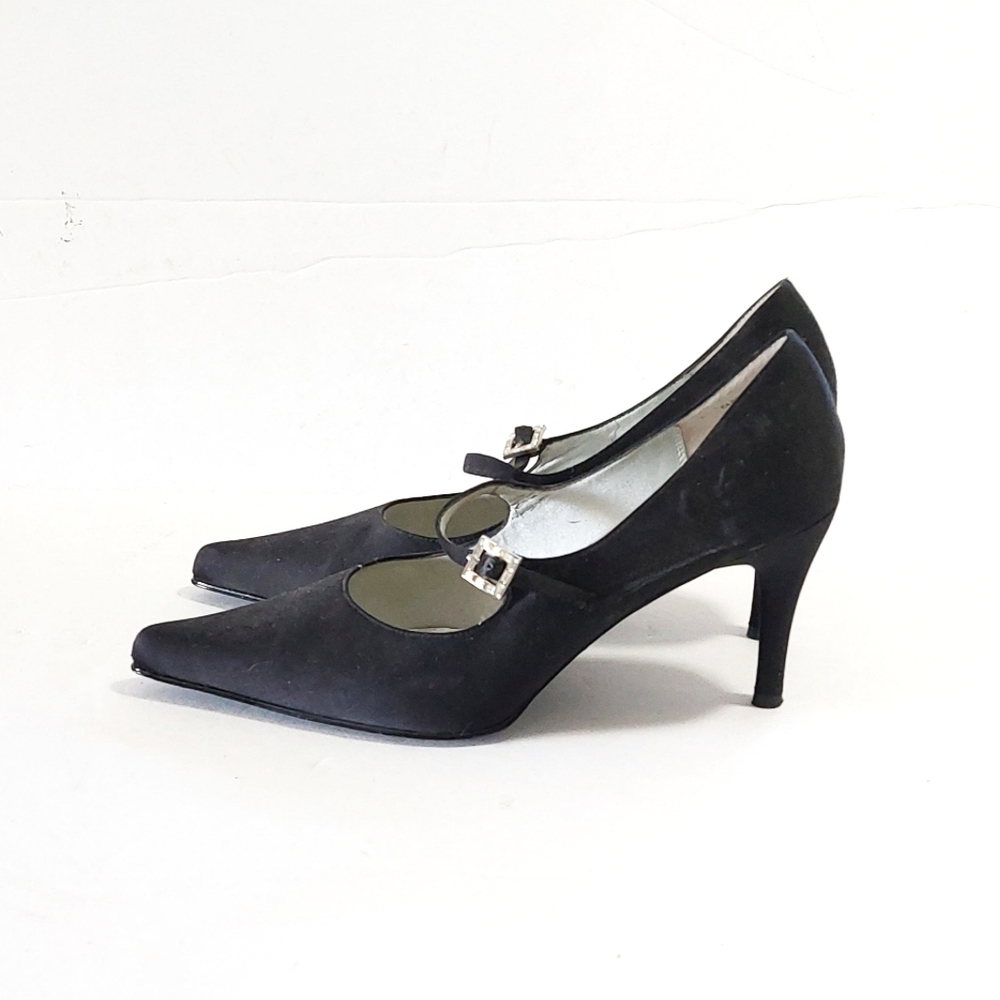 Womens Vintage Black Crystal Accent Strap Faux Suede High Heel Shoe Size 9M - Picture 2 of 8